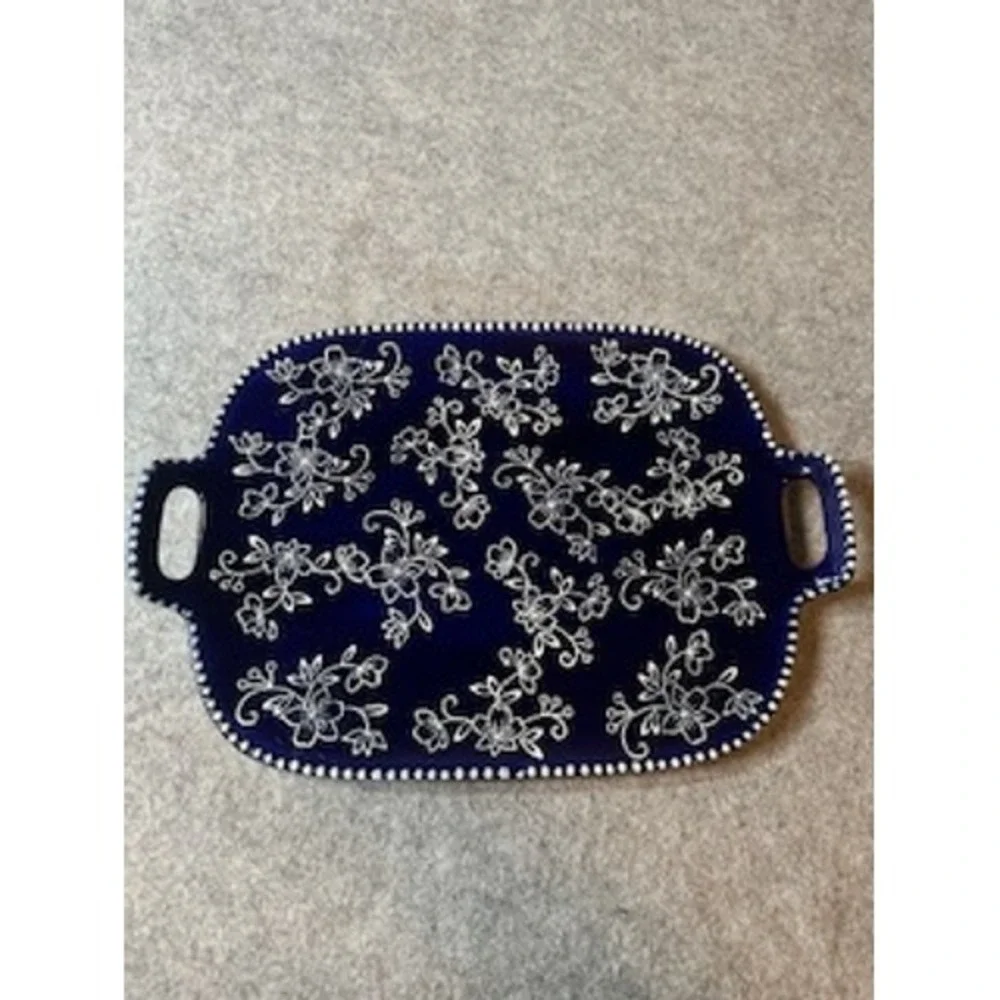 Temp-tations Cobalt Blue Floral Ceramic Serving Tray Rectangular Platter Handles